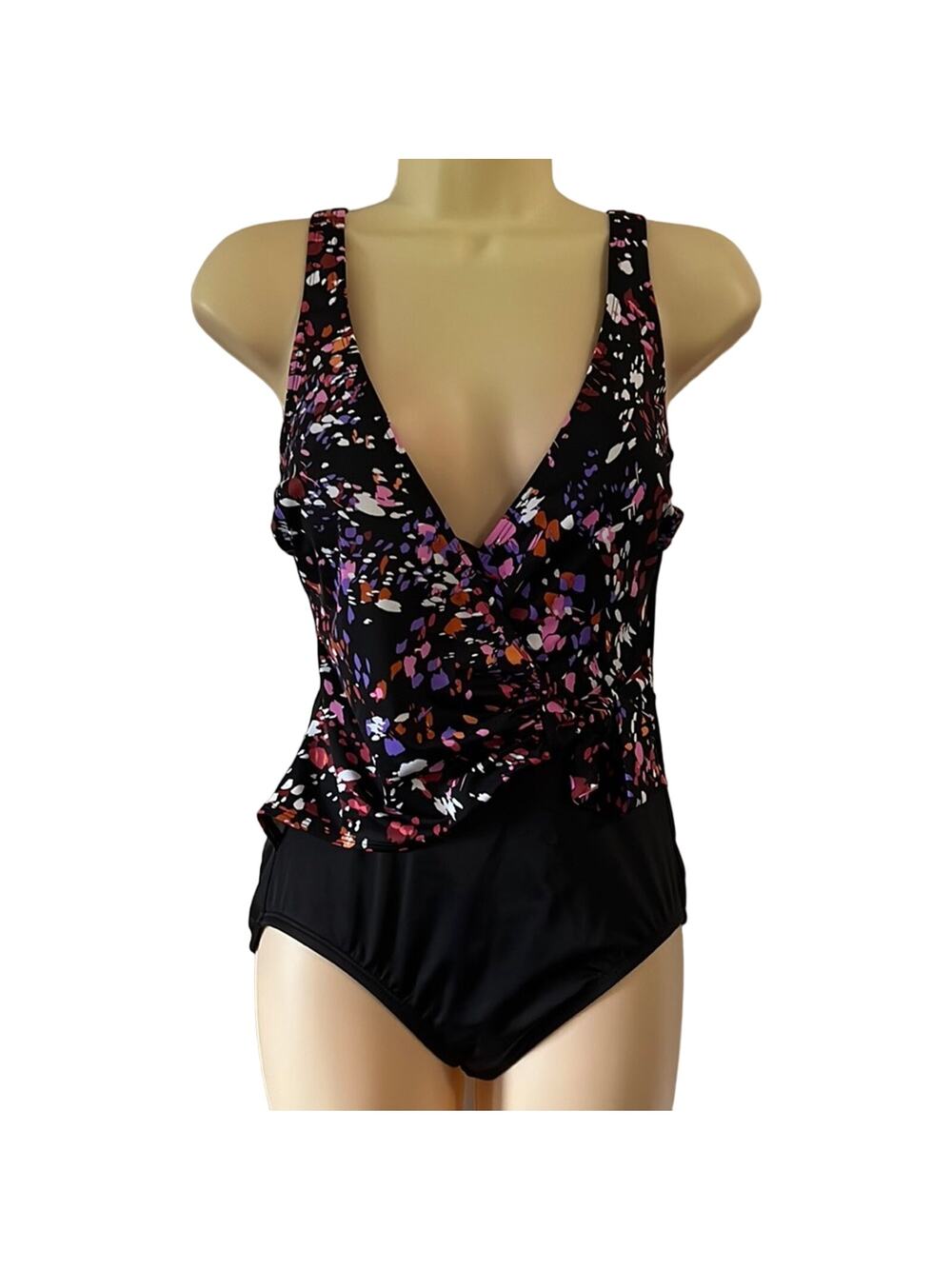 Embrace Your Curves Size S 4/6 Black One Piece Swimsuit with Print Overlay NWT - Picture 1 of 10